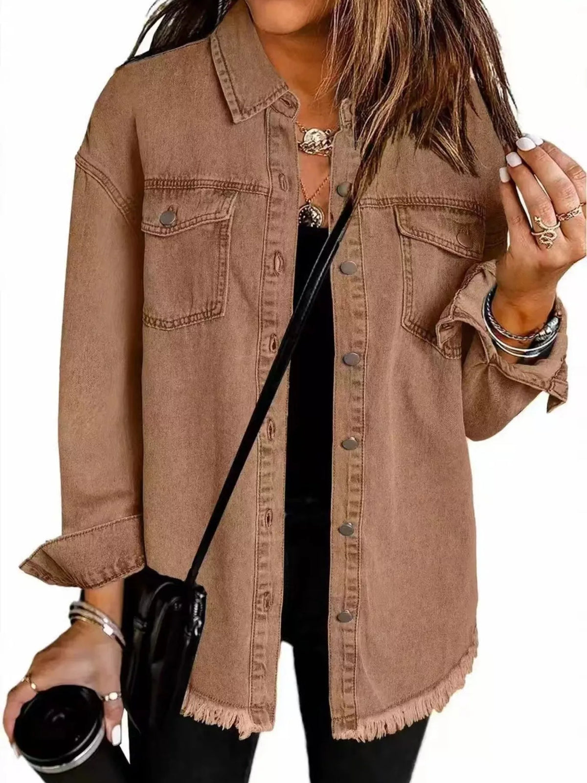 Frayed Hem Button Up Denim Jacket