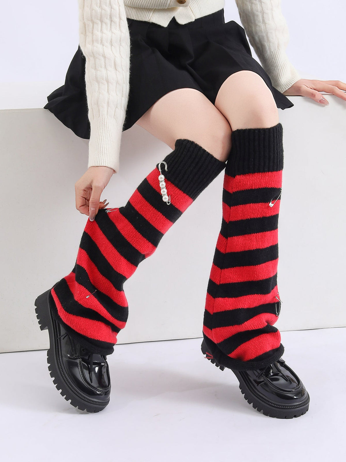 Y2K Girls Women Kawaii Harajuku Pearl Pin Decorated Flared Knitted Leg Warmer Goth Cute Lolita Socks Slouch Socks