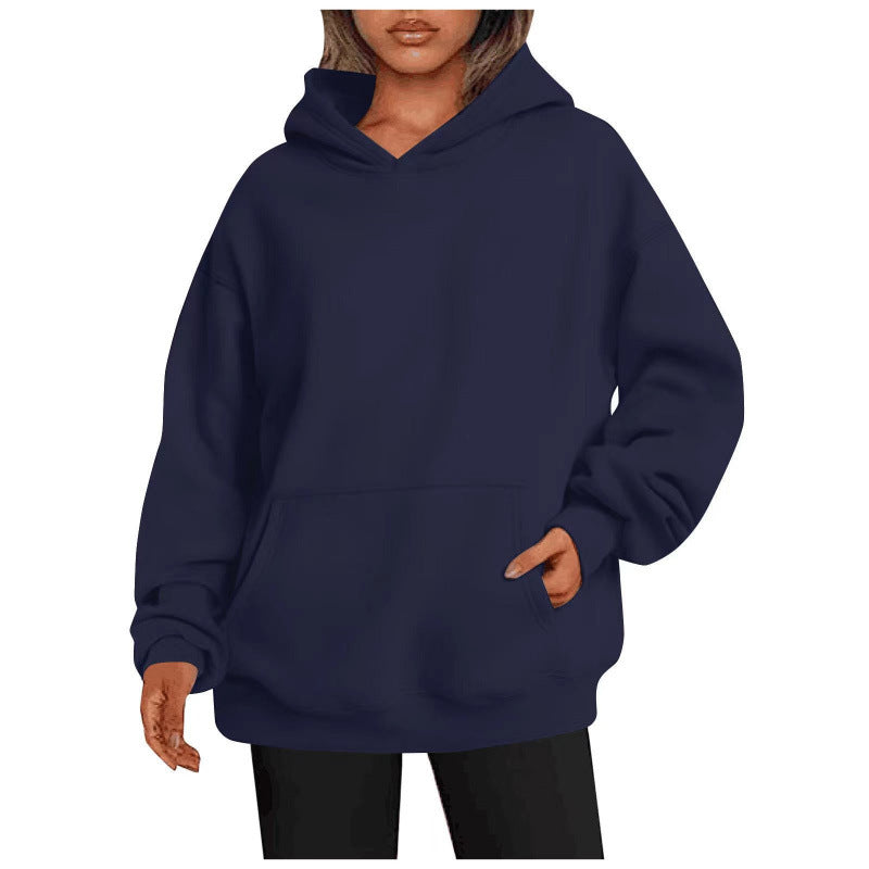 Women's Solid-color Long-sleeved Loose-fitting Hooded Sweatshirt With Pocket