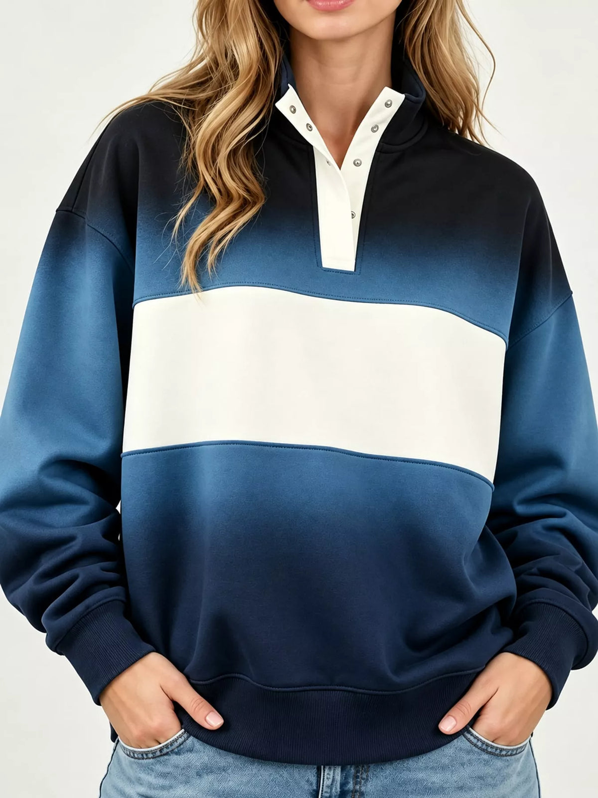 Full Size Color Block Snap-Button Sweatshirt Plus Size