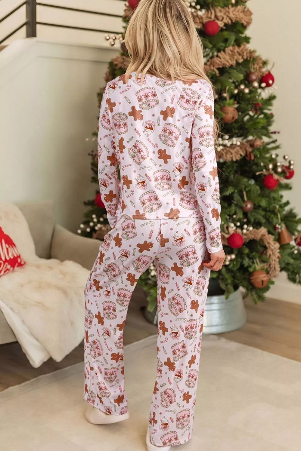 Abstract Christmas Print Long Sleeve Two Piece Lounge Set