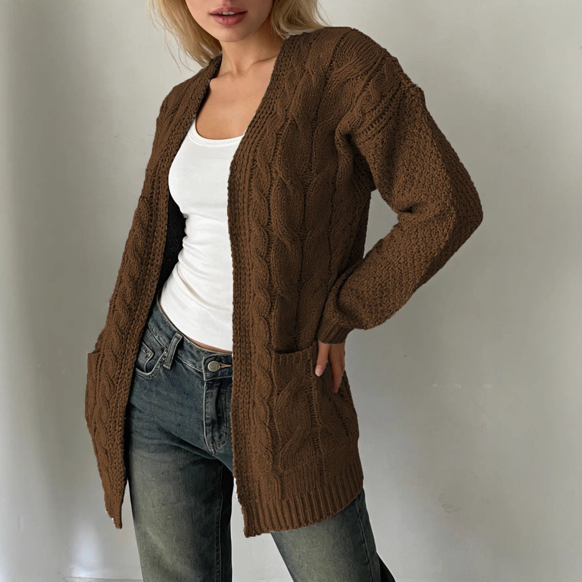 Solid-color Cable-knit Pocket Jacket For Women