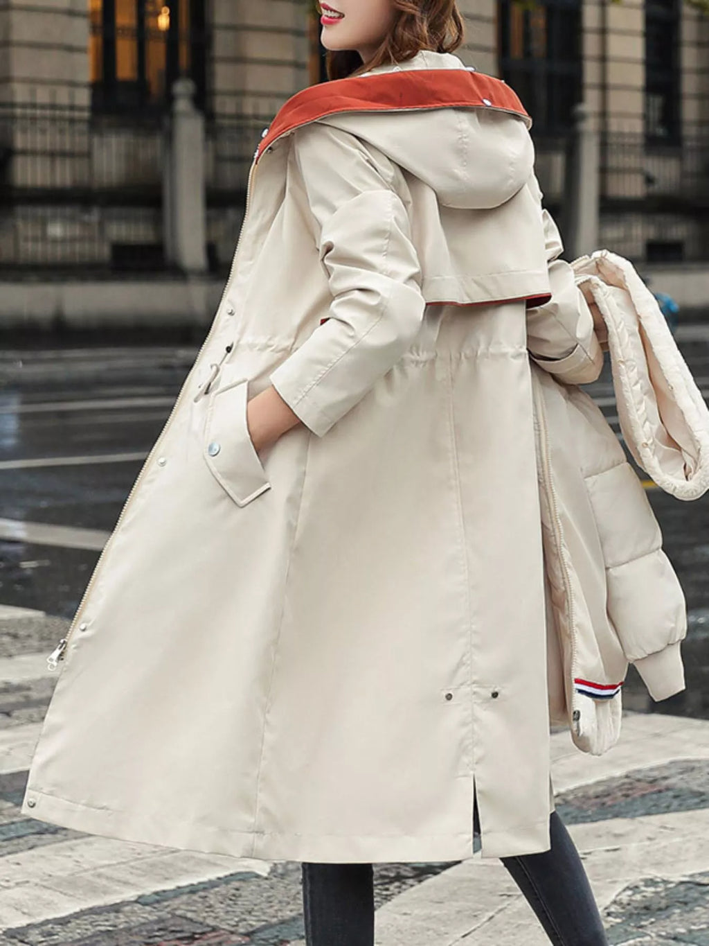 Detachable Longline Hooded Parka with Faux Fur Trim and Drawstring Waist