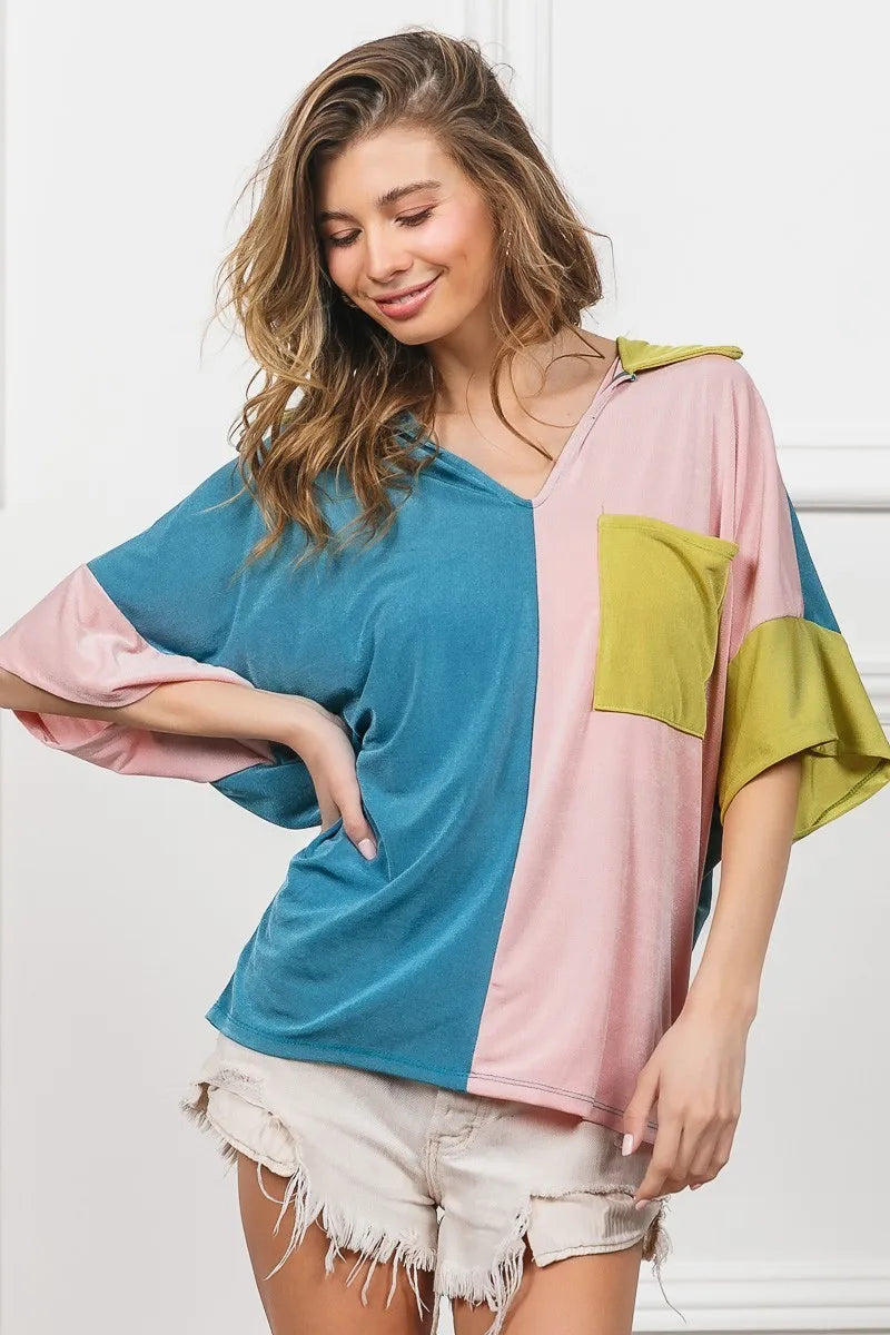 Slinky Knit Color Block V-Neck Top