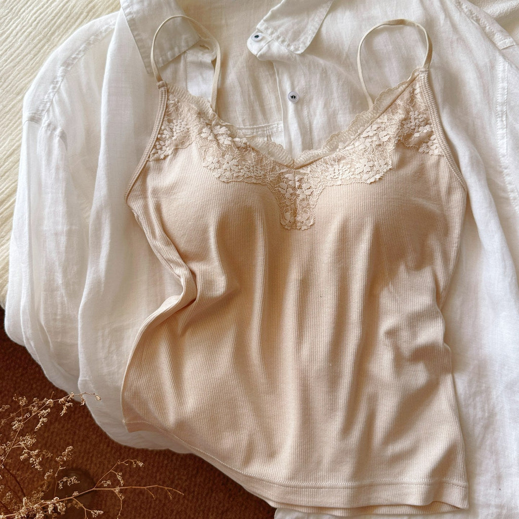 Modal Ribbed Lace Sexy Spaghetti-strapped Camisole Bra With Built-in Padding