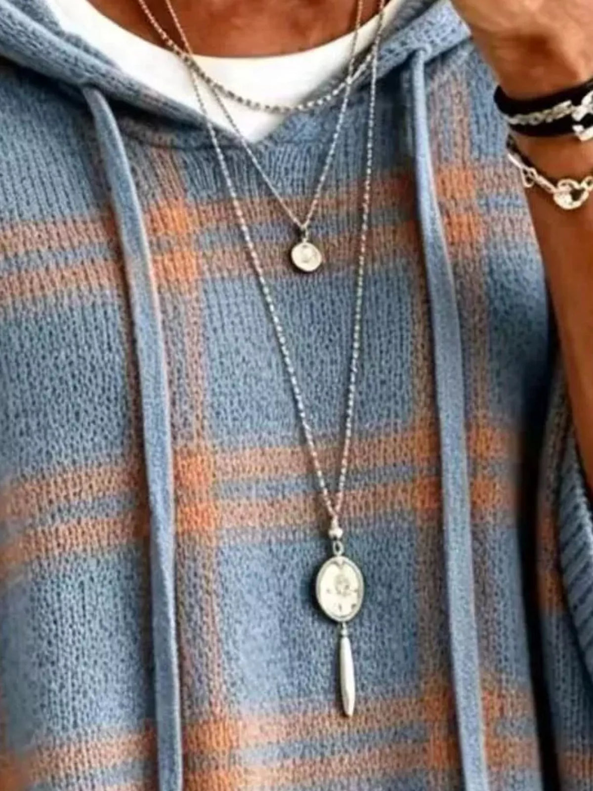 Full Size Drawstring Plaid Hooded Sweater Plus Size