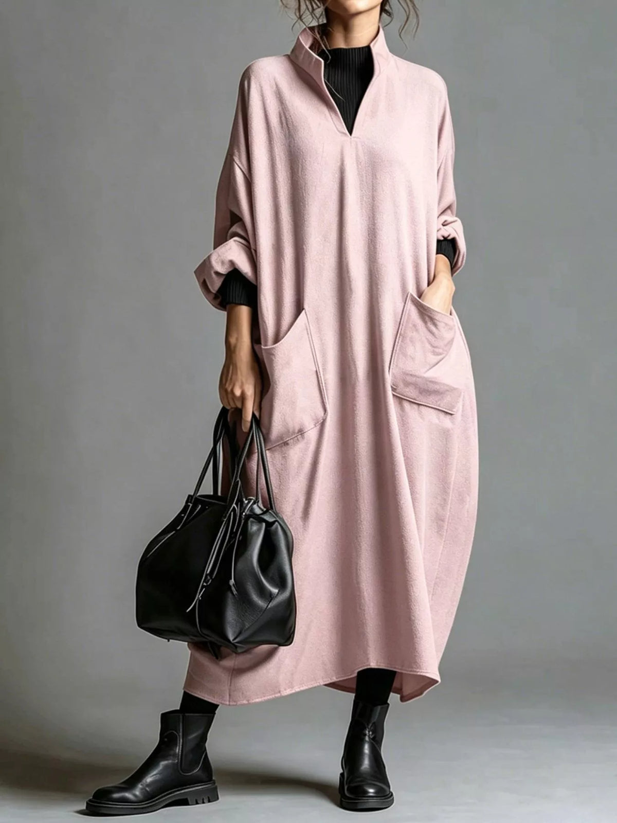 Full Size Loose-Fit Mock Neck Midi Dress with Pockets Plus Size