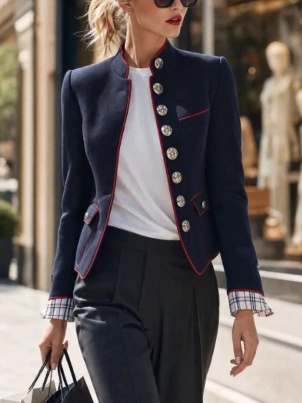 Military-Inspired Stand Collar Jacket with Red Piping