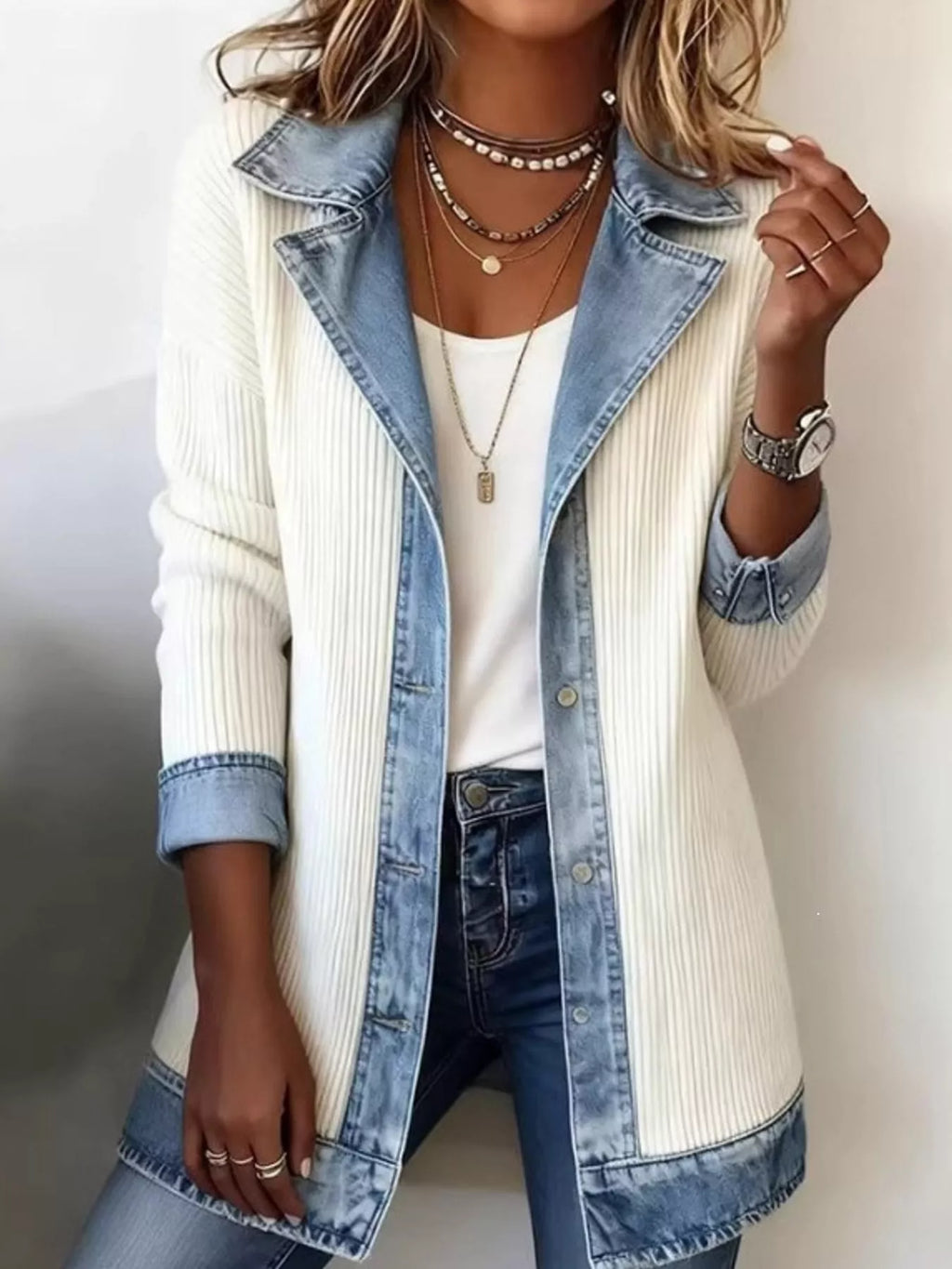 Full Size Denim Trim Ribbed Knit Cardigan Plus Size