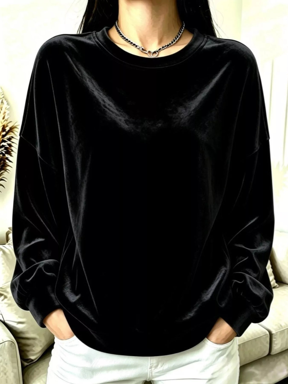 Full Size Velvet Dropped Shoulder Sweatshirt Plus Size