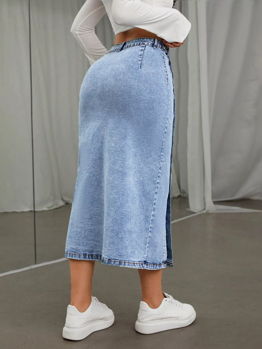 Side Button Slit Denim Midi Skirt