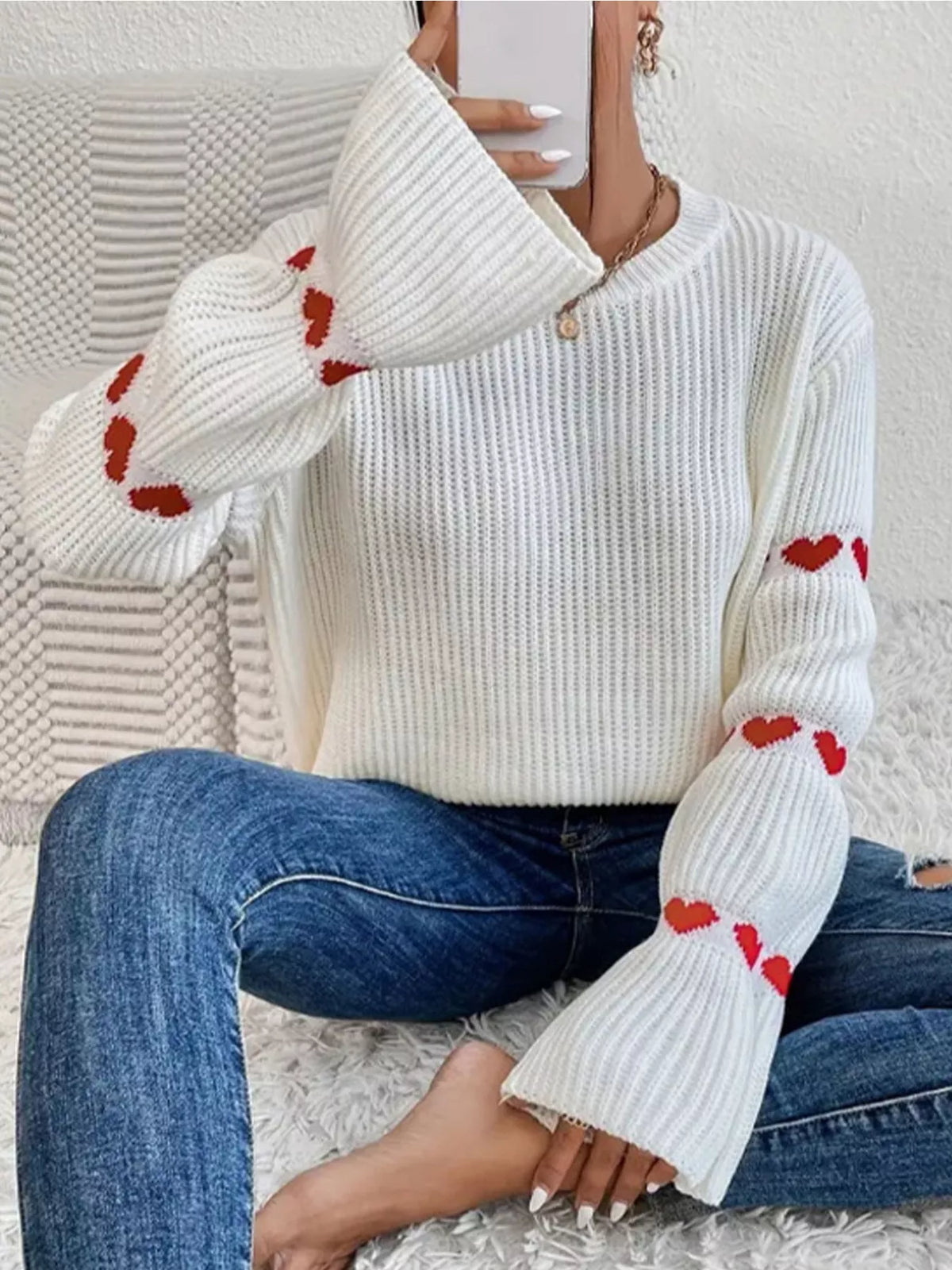 Heart Pattern Dropped Shoulder Sweater