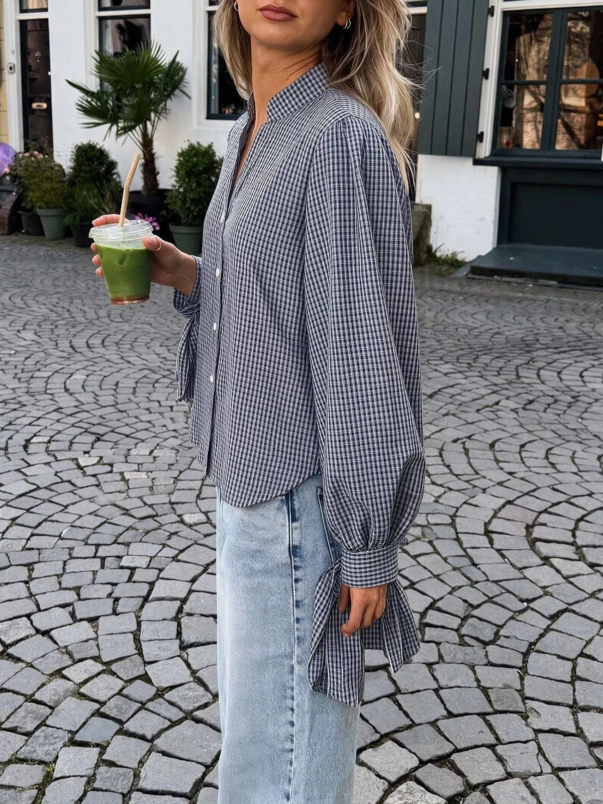 Gingham Button Up Shirt with Tie-Sleeve Detail