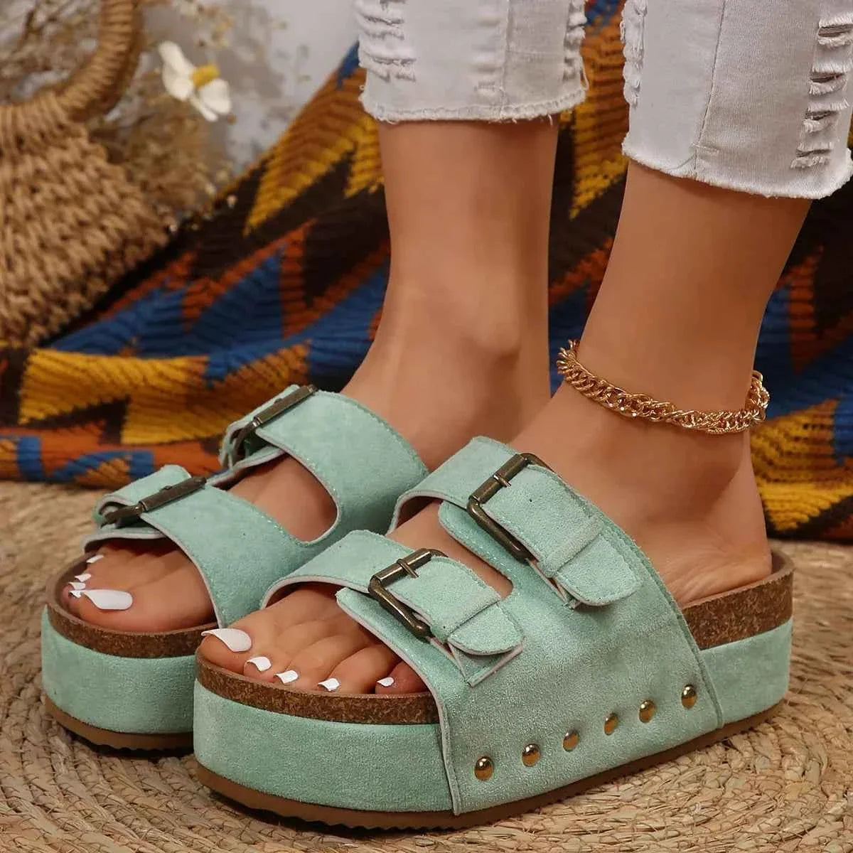 Open Toe Platform Sandals in PU Leather and Suede