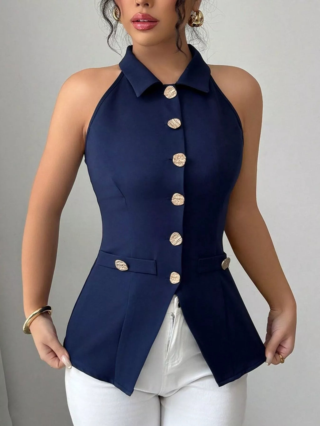 Sleeveless Lapel Collar Button-Down Vest