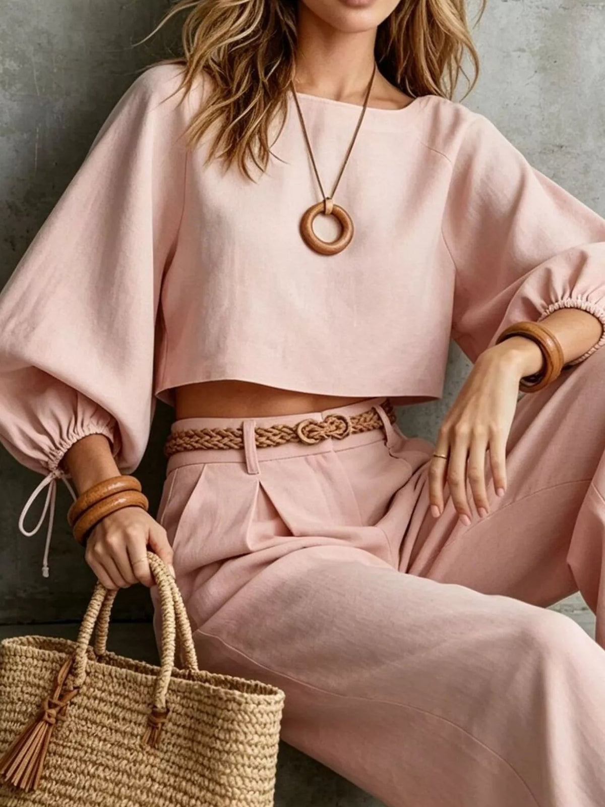 Balloon Sleeve Crop Top and Wide-Leg Pants Set