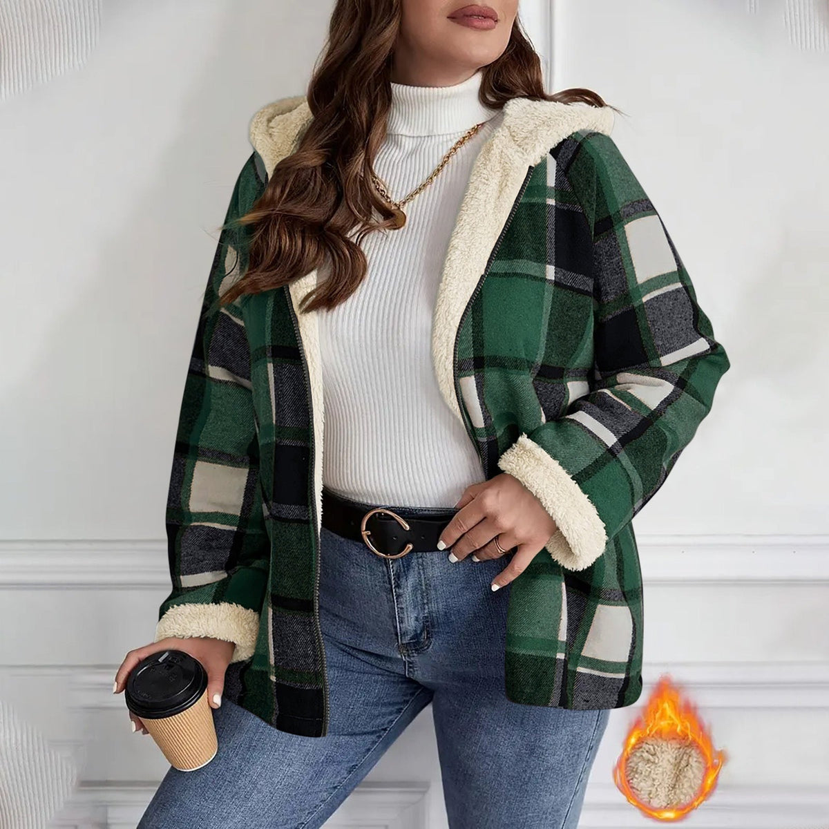 Plaid Printed Coat Fleece-lined Thickened Composite Hooded