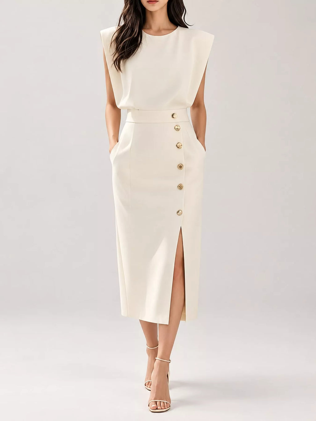 Sleeveless Midi Dress with Gold Button Detail and Side Slit