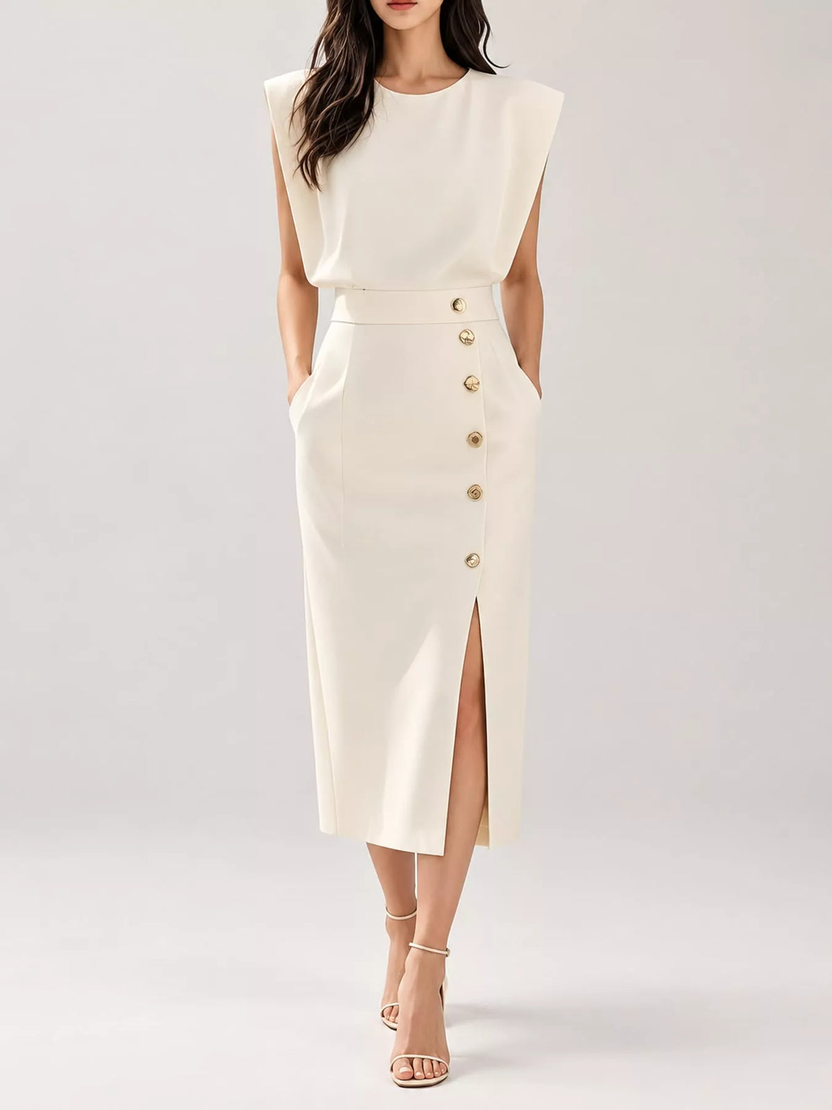 Sleeveless Midi Dress with Gold Button Detail and Side Slit