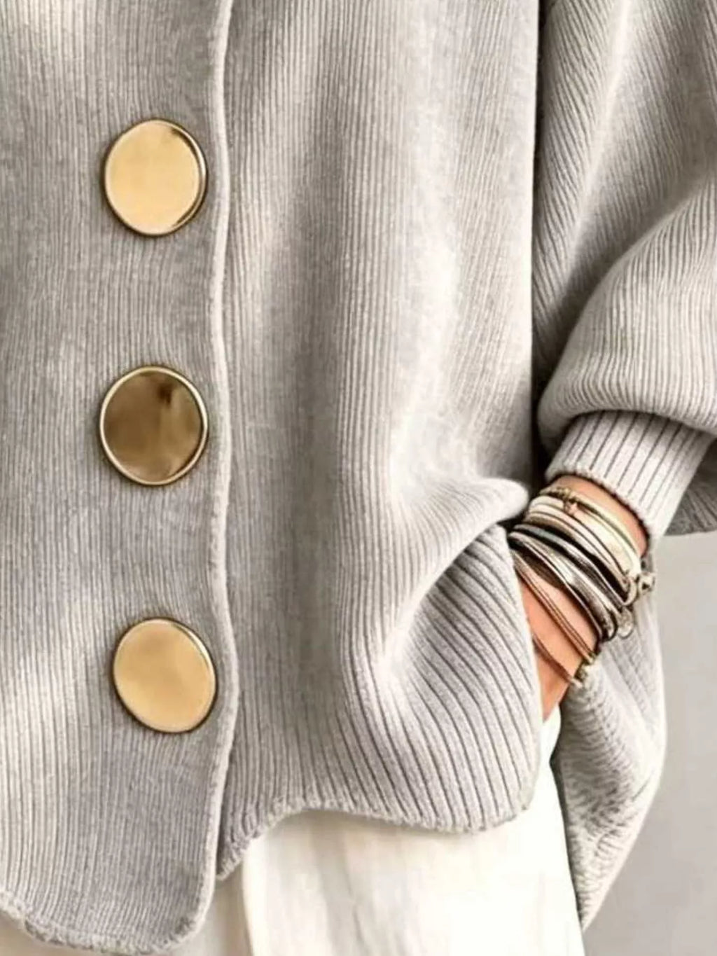 Full Size Ribbed Knit Gold Buttons Cardigan Plus Size