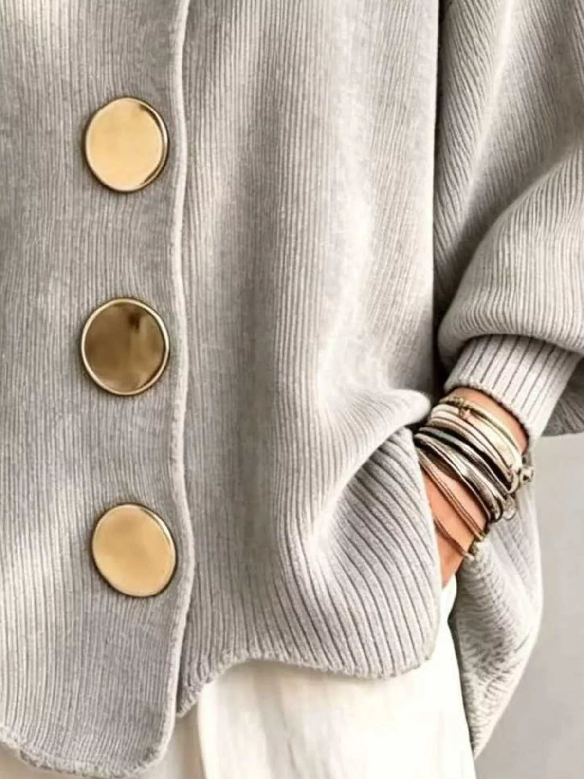 Full Size Ribbed Knit Gold Buttons Cardigan Plus Size