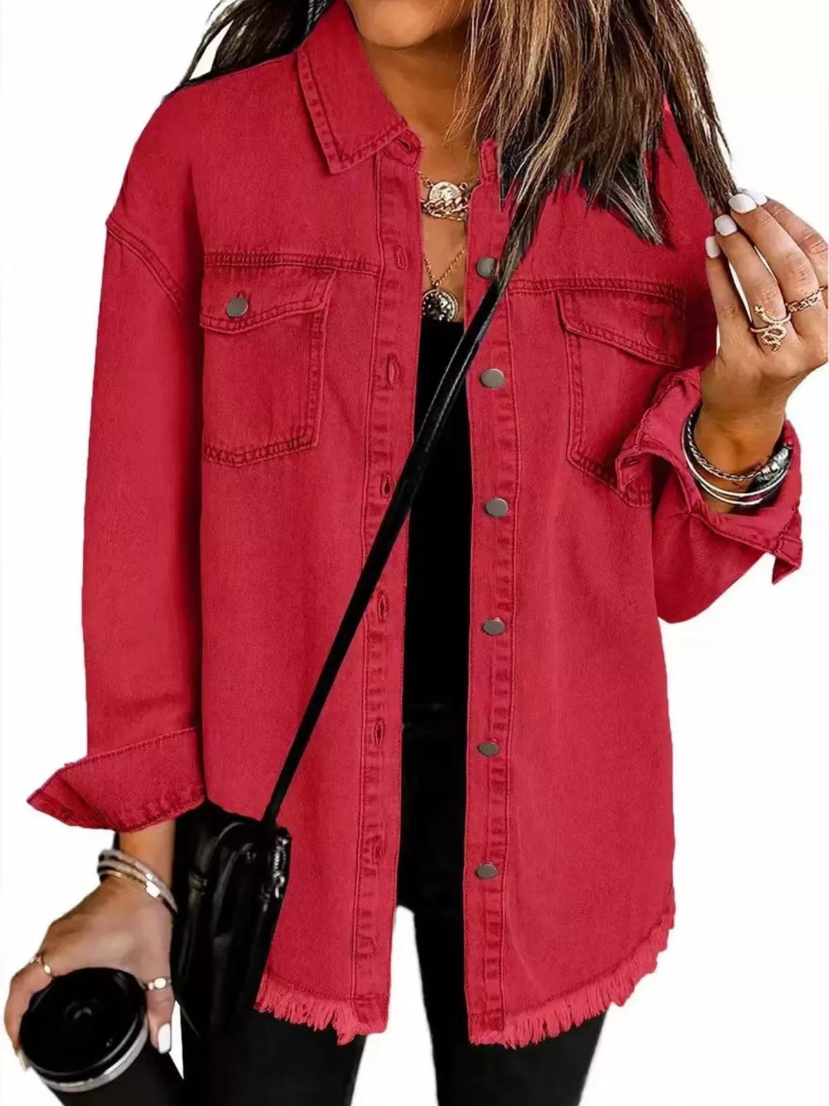 Frayed Hem Button Up Denim Jacket