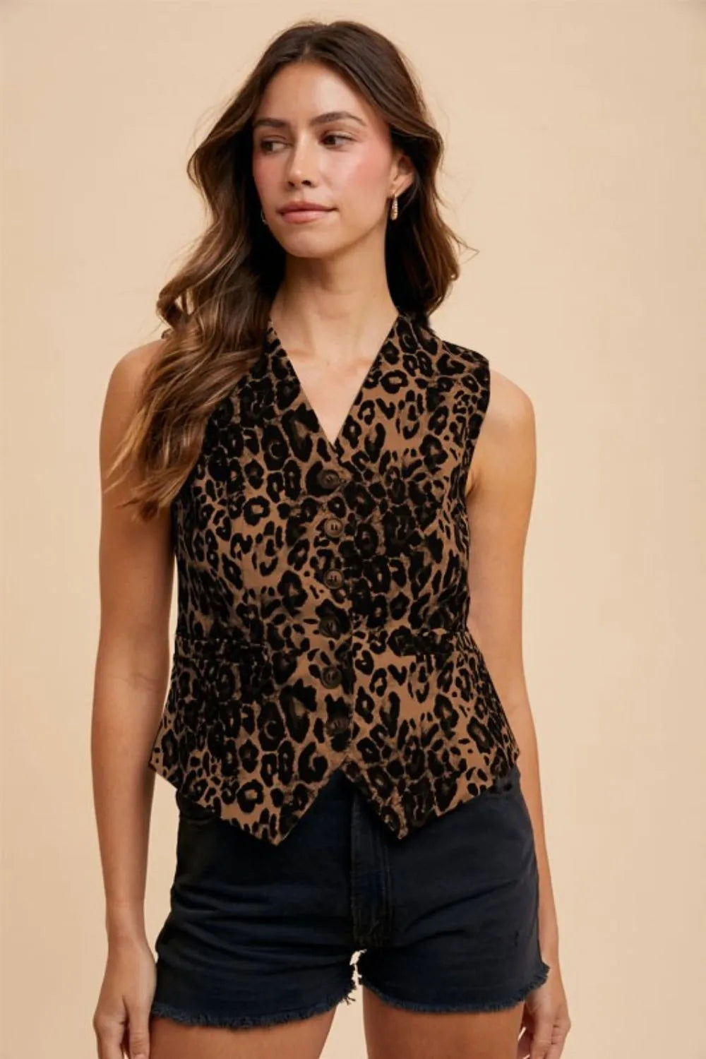 Stretch Leopard Denim Button Down Vest