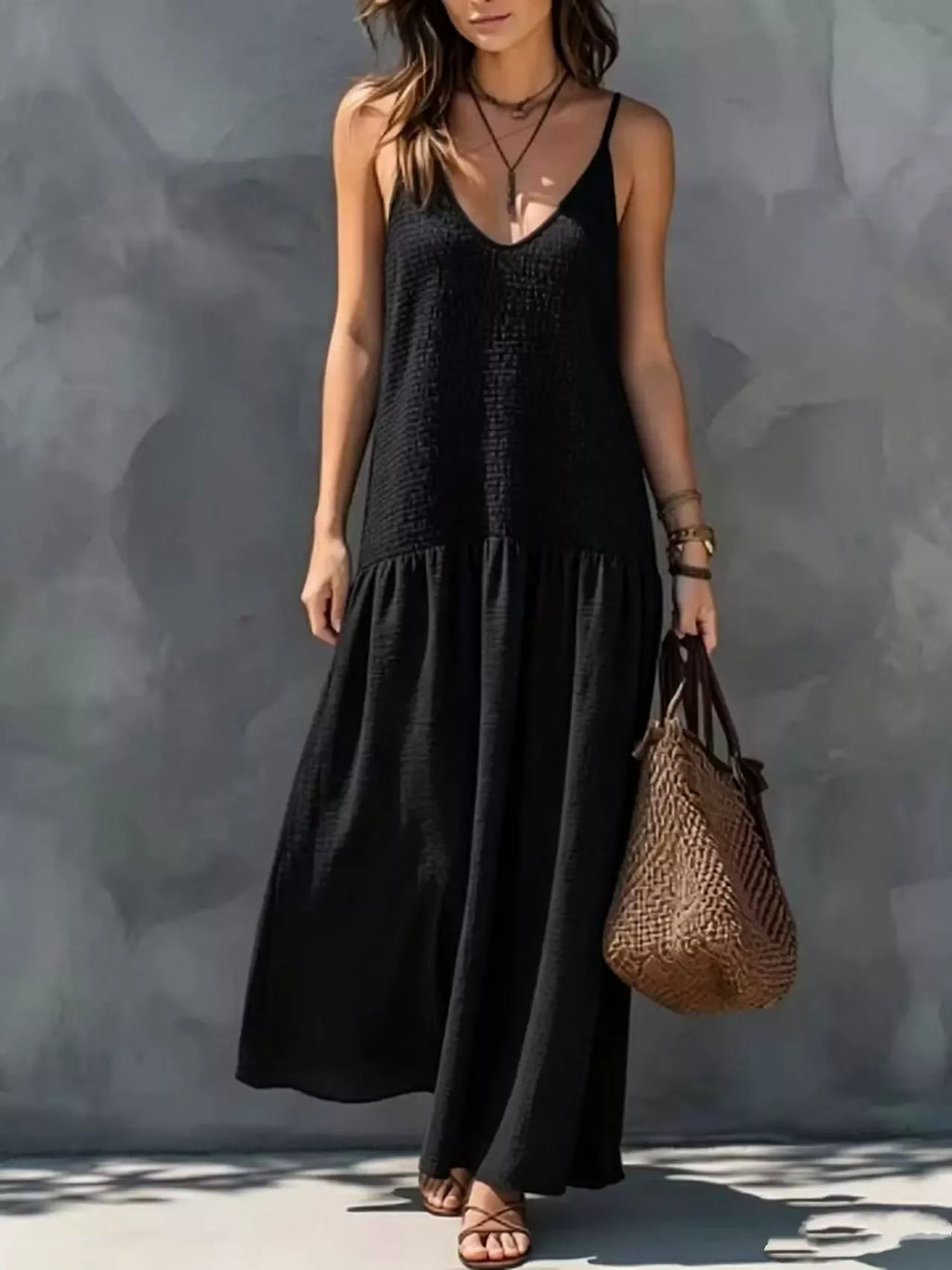 Sleeveless Smocked V-Neck Casual Maxi Dress