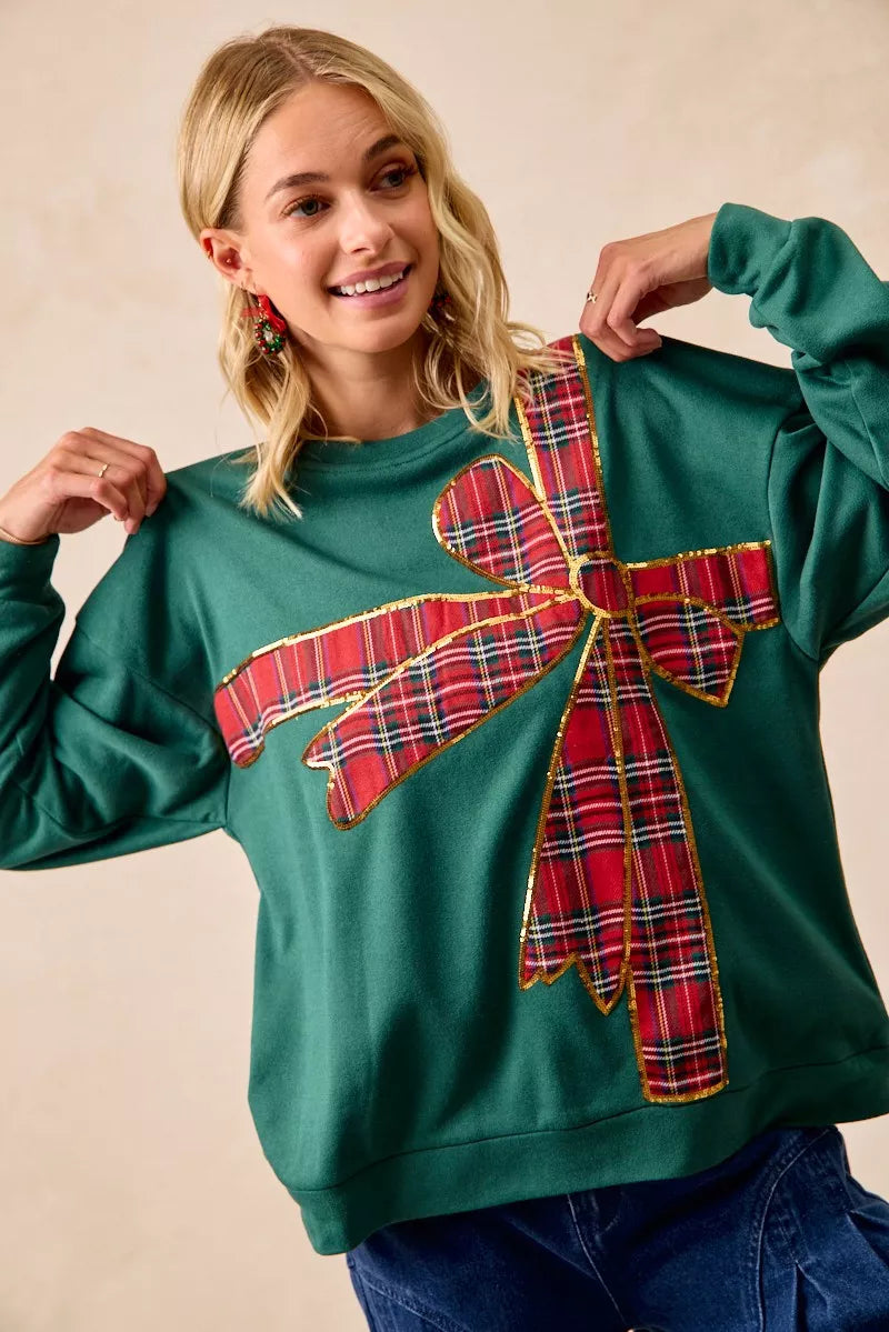 BiBi Plaid Ribbon Bow Detail Christmas Fleece Pullover