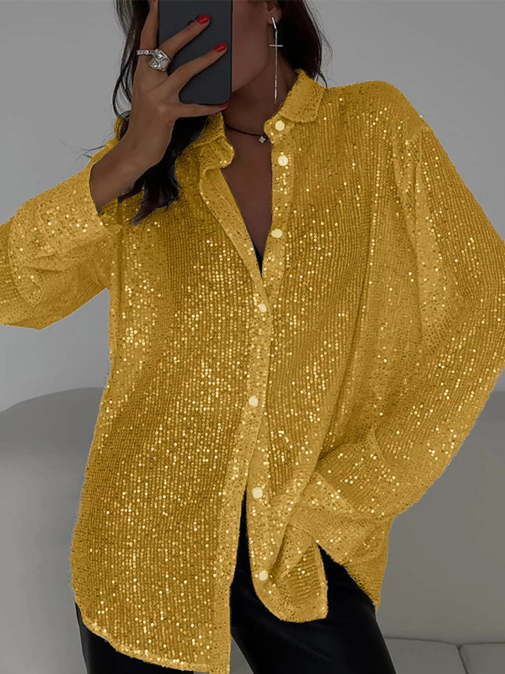 Full Size Sequin Button-Down Shirt Plus Size