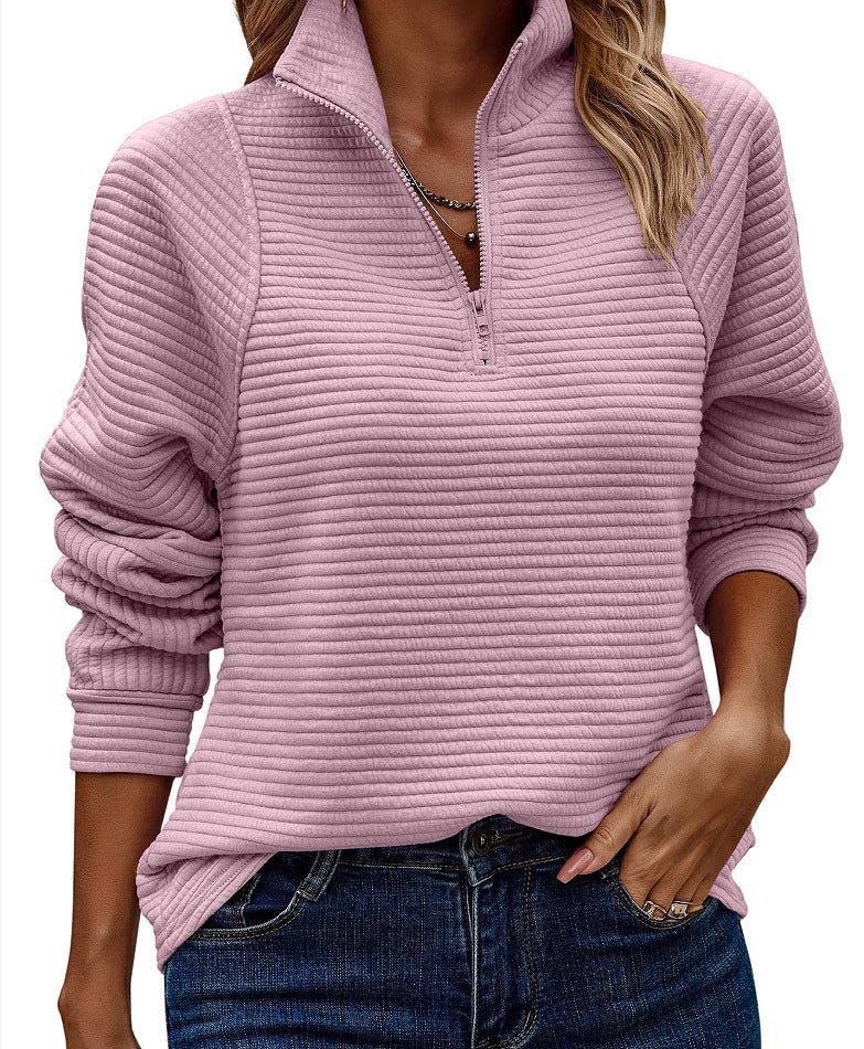 Autumn And Winter New Cross-Border European And American Amazon Comfortable Loose Snake Bone Pattern Solid Color Stand Collar Zipper Sweatshirt