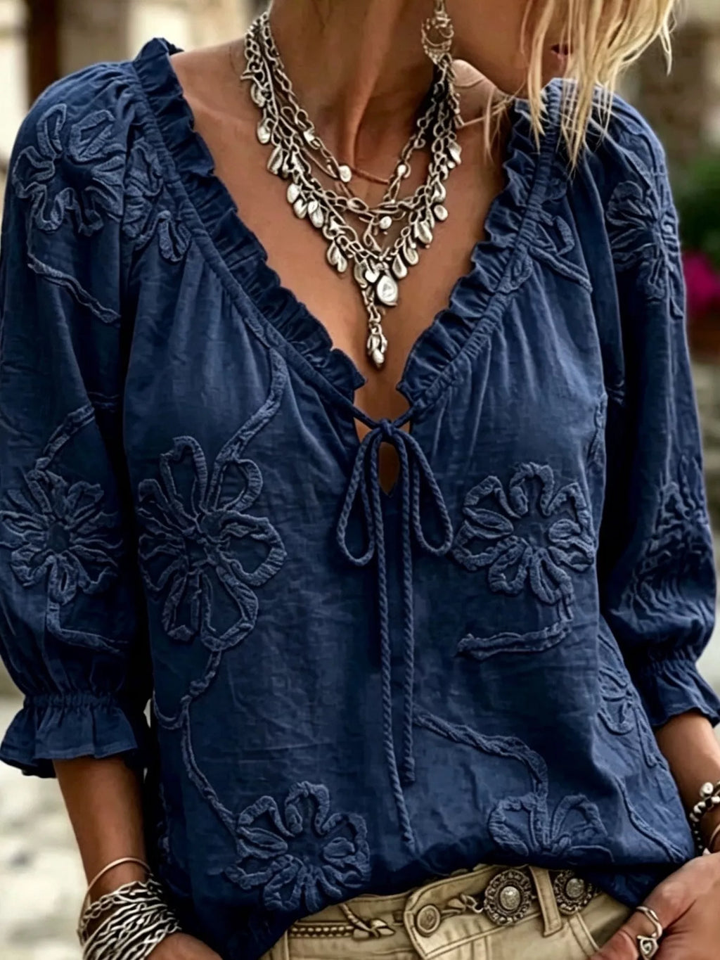 Full Size Flower Tie Front 3/4 Sleeve Blouse Plus Size