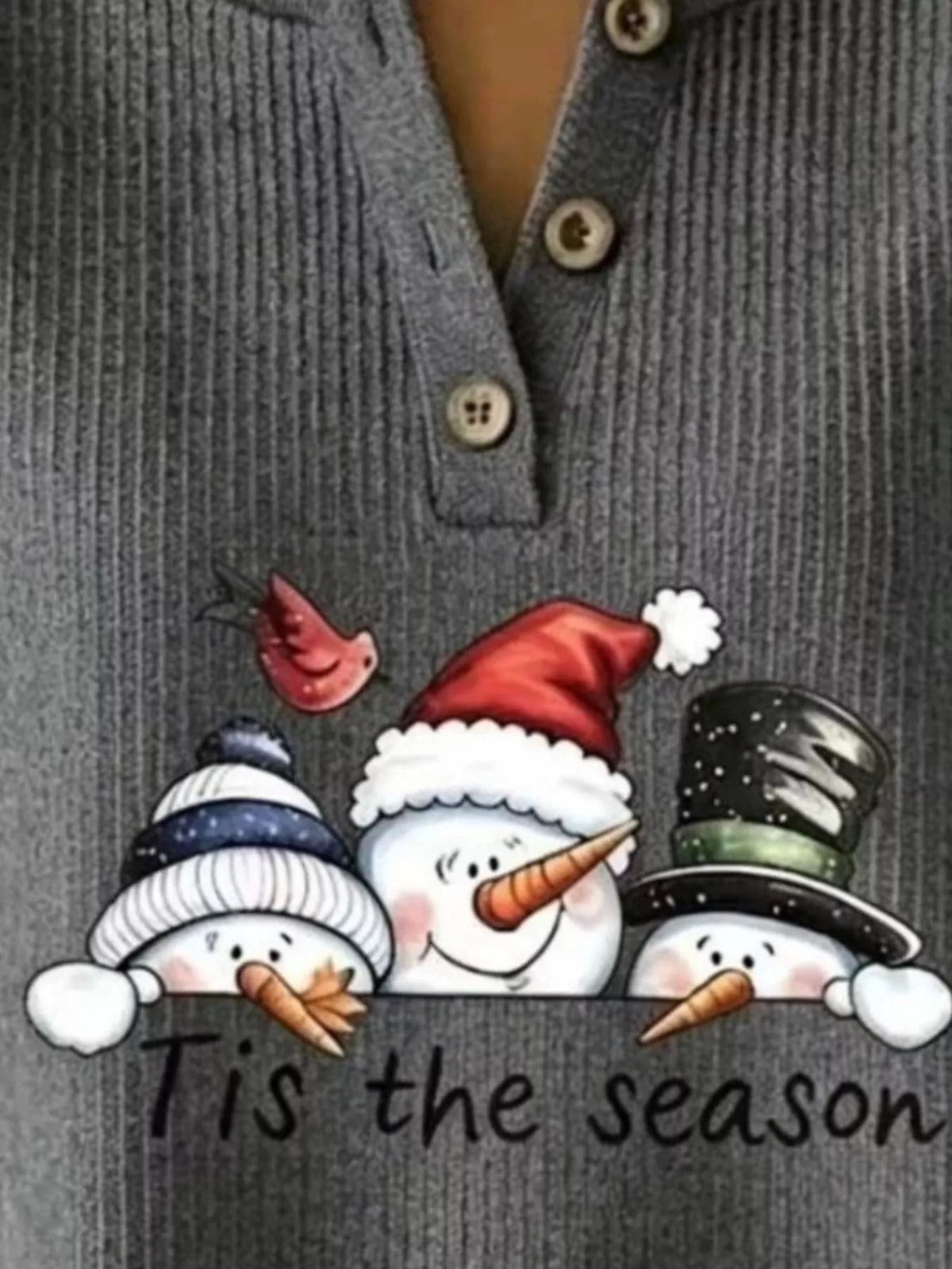 Full Size Christmas Themed Snowman Graphic Ribbed Henley Sweatshirt Plus Size