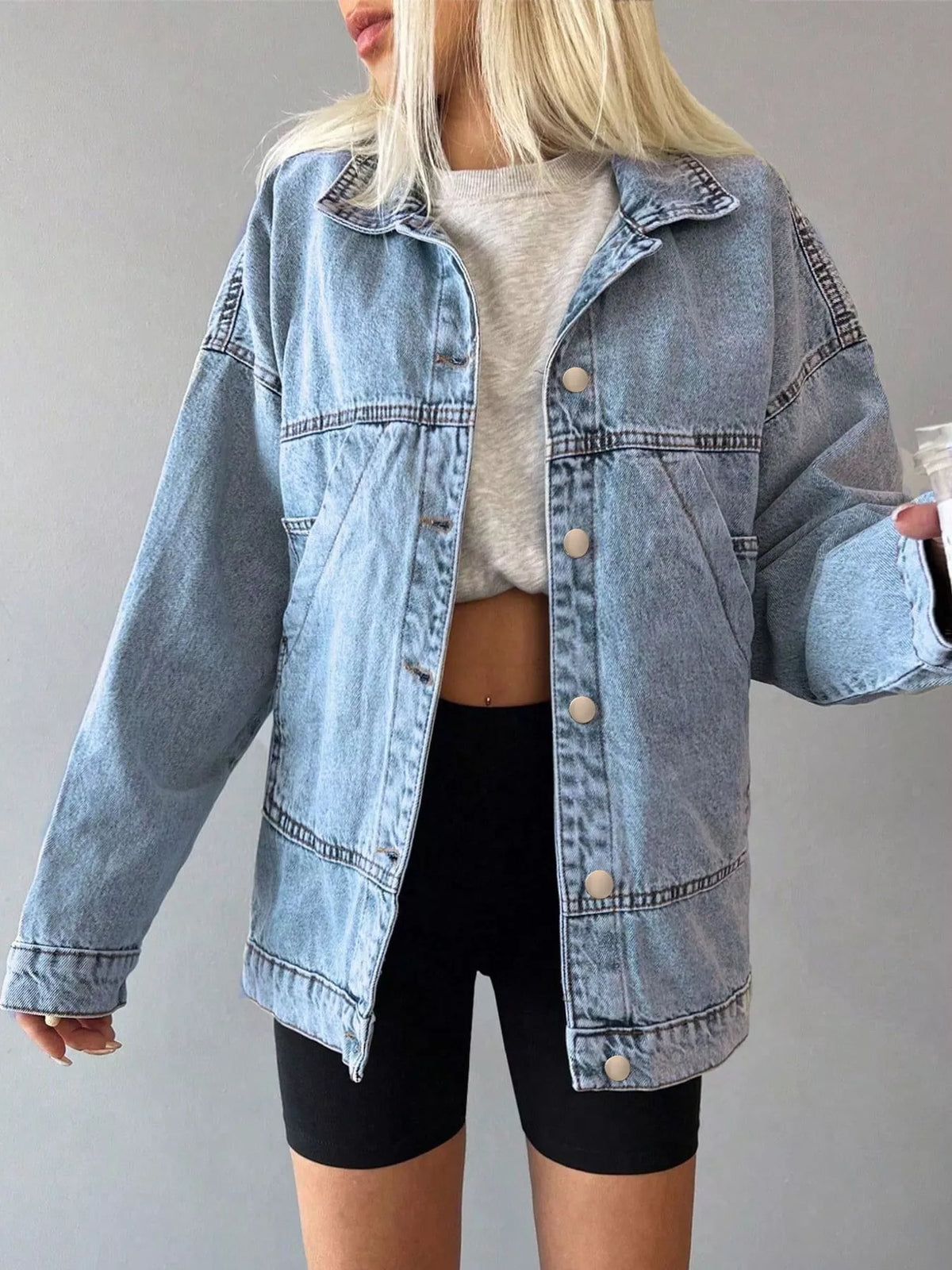 Button Up Dropped Shoulder Denim Jacket