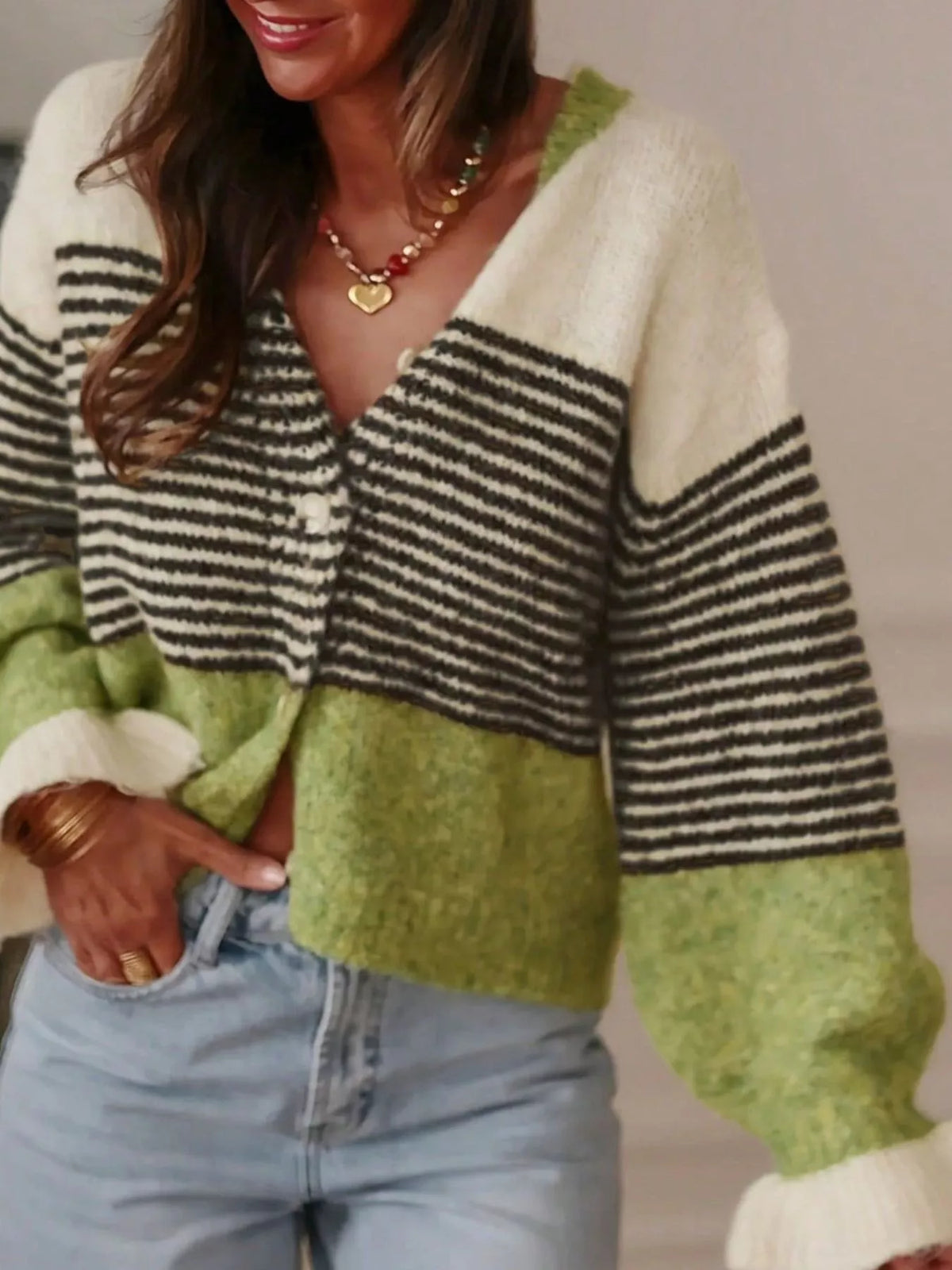 Striped Color-Block Button-Down Cardigan