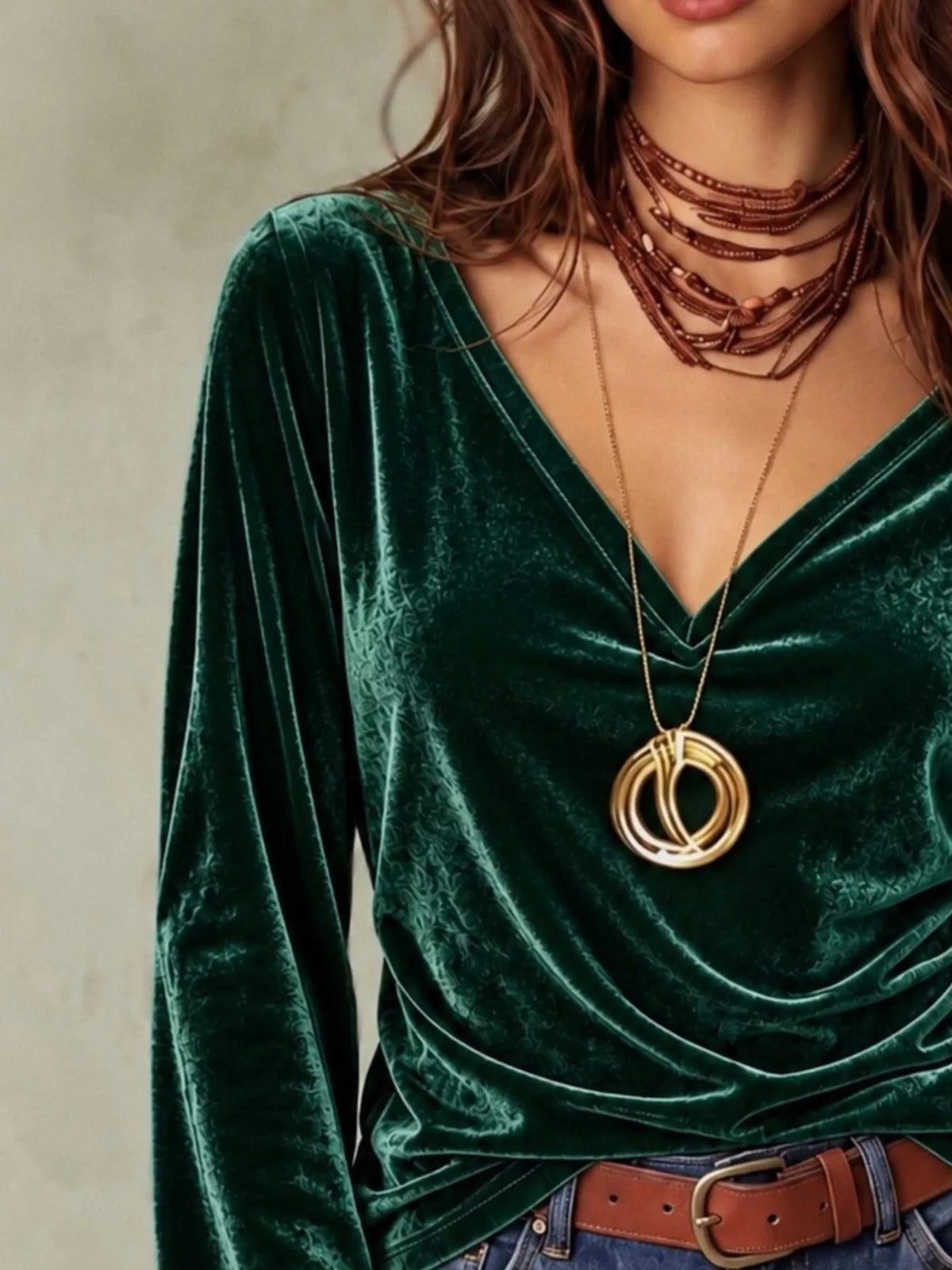 Full Size V-Neck Long Sleeve Velvet Blouse Plus Size