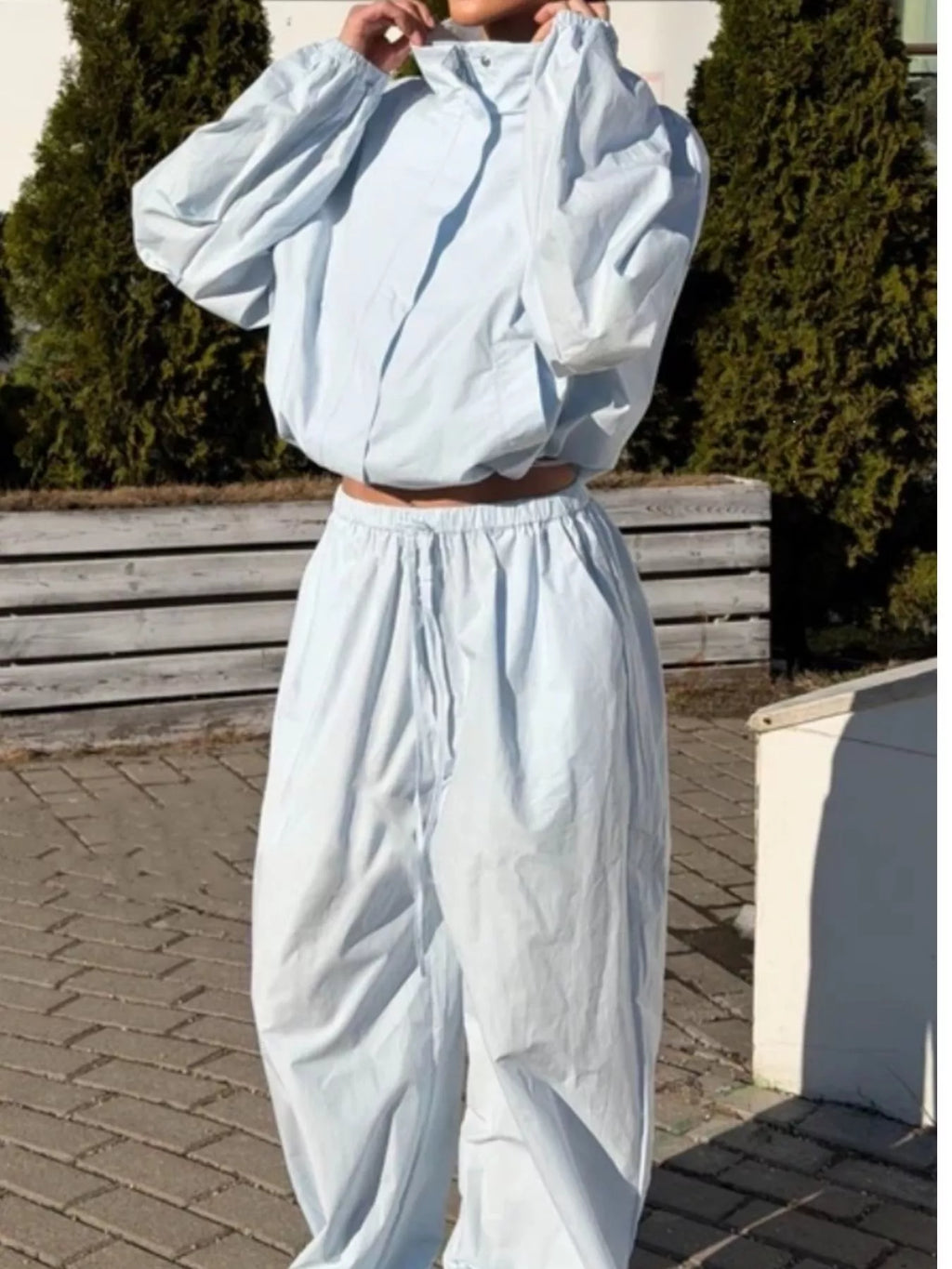 Drawstring Hem Crop Jacket and Wide-Leg Pant Set