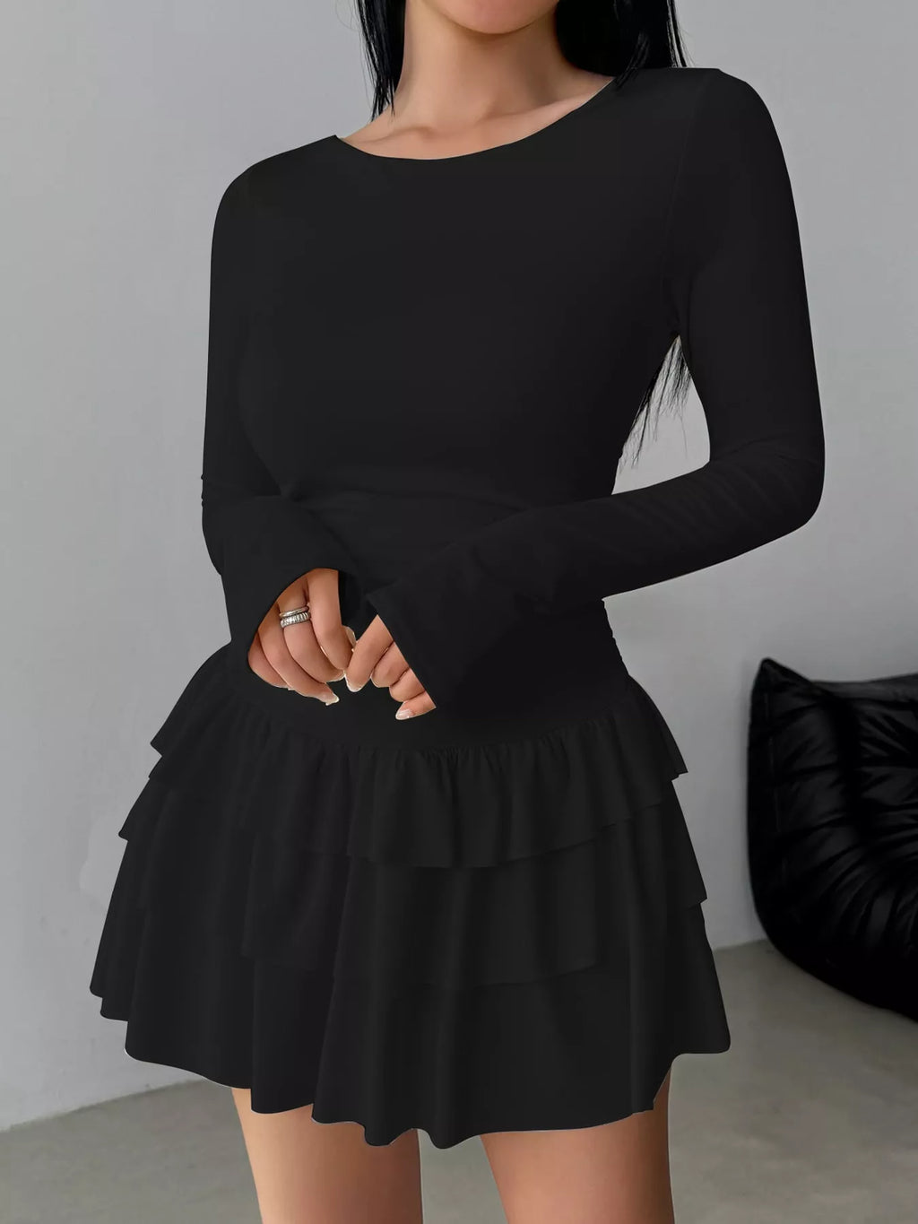 Layered Ruffle Long Sleeve Mini Dress