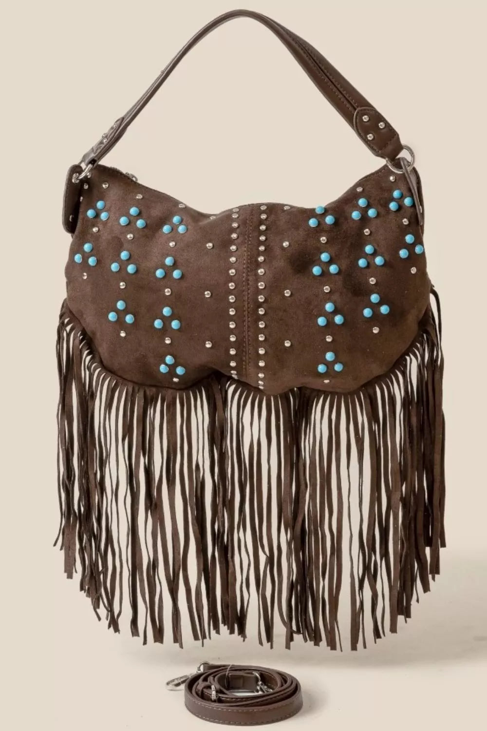 Fame Studded Pattern Multi Fringe Hobo Shoulder Bag