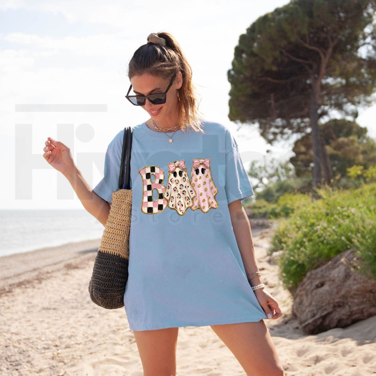 Girly Ghost Boo T-Shirt – Glam Preppy Coquette Bow Halloween Graphic Tee