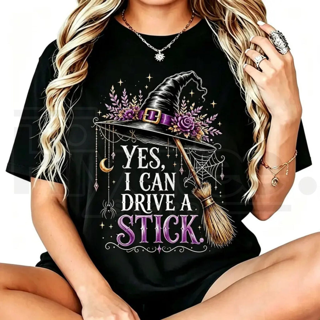 Women's Yes I Can Drive A Stick T-Shirt – Funny Halloween Witch Graphic Tee