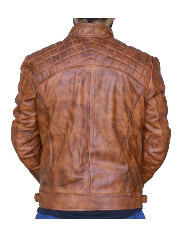 Men's Brown Tan Diamond Leather Biker Jacket