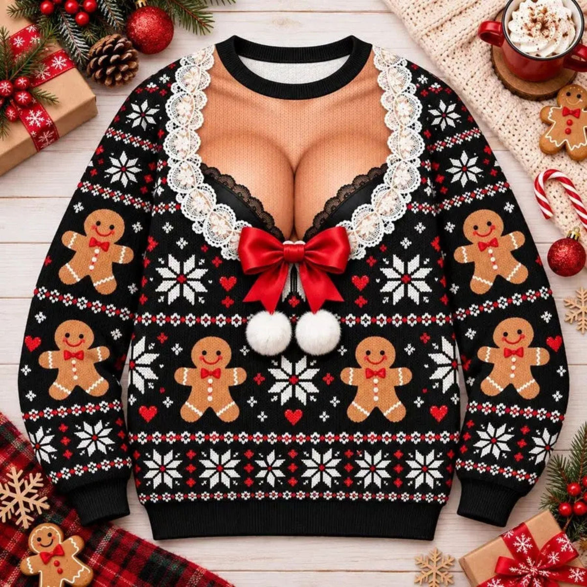 Funny 3D Print Fake Chest Ugly Christmas Sweater – Novelty Holiday Pullover