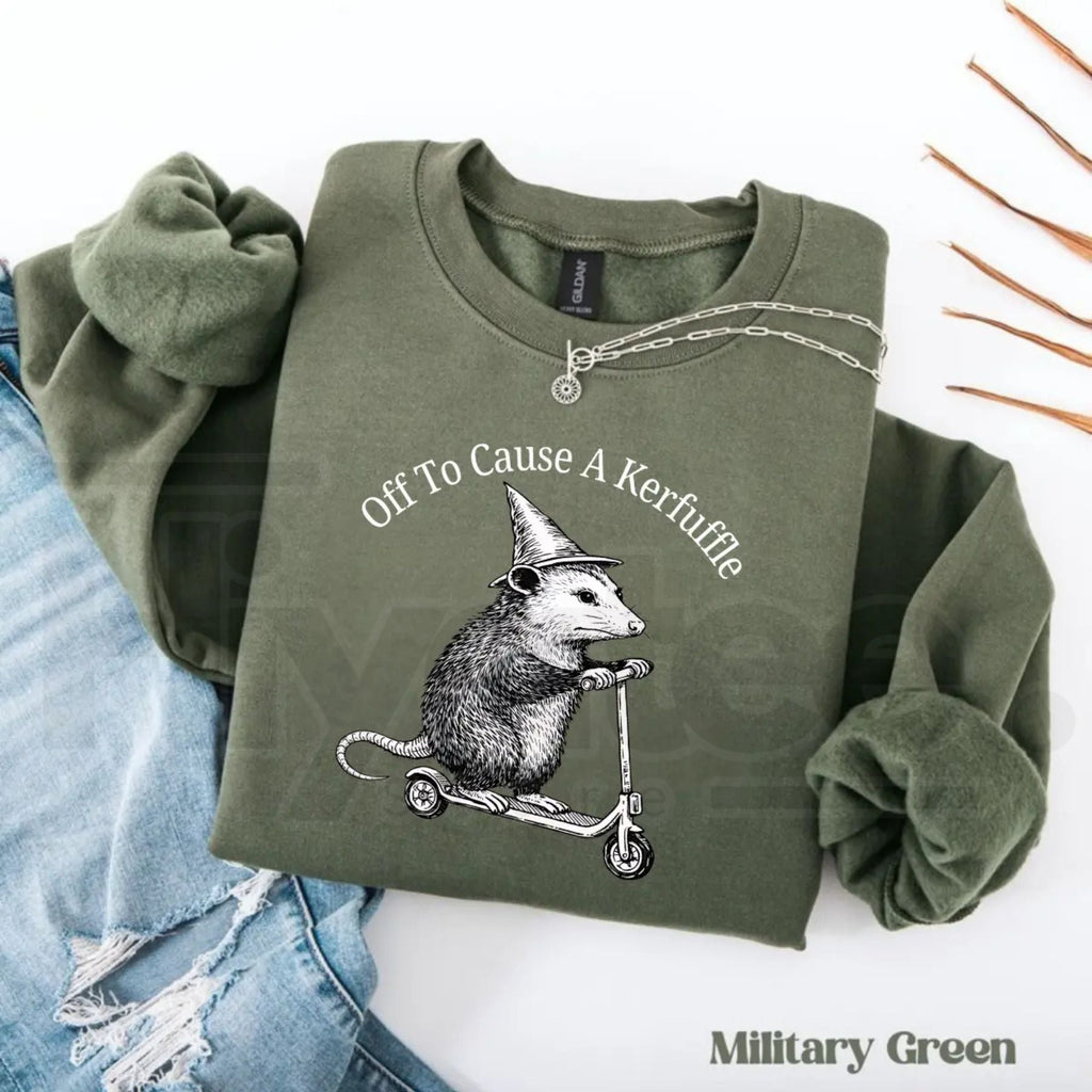 Off To Cause A Kerfuffle Sweatshirt: Funny Opossum Scooter Mental Health Sweater