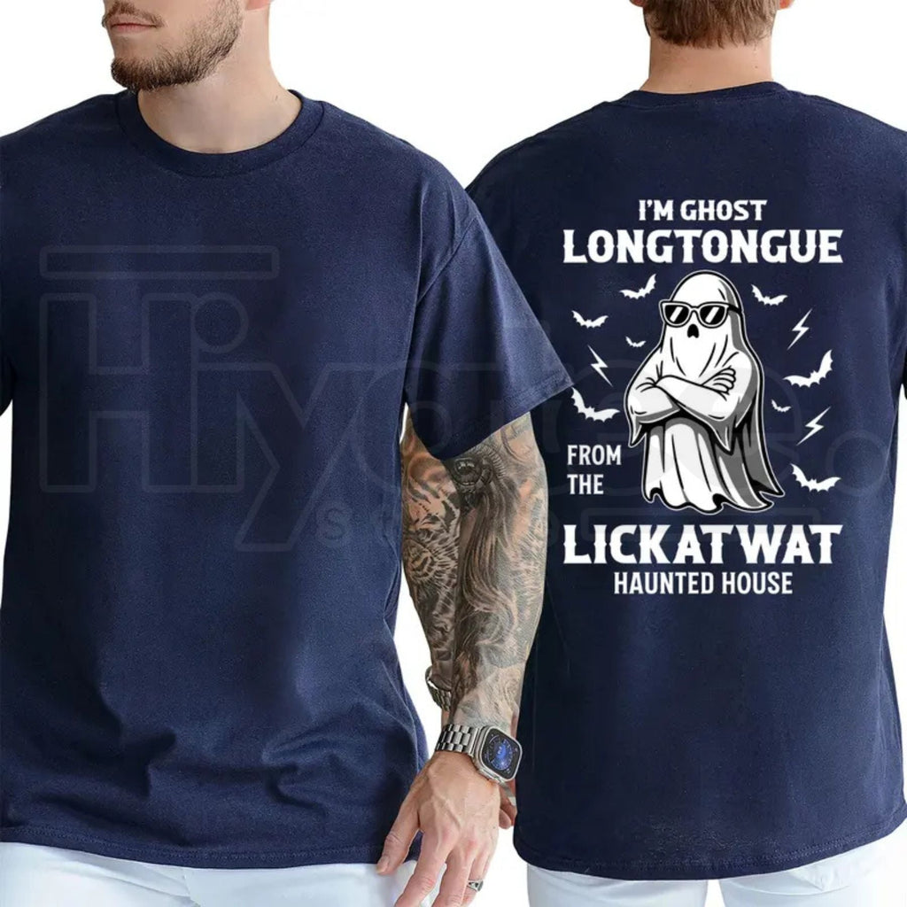 Ghost Longtongue Haunted House T-Shirt – Funny Spooky Halloween Graphic Tee