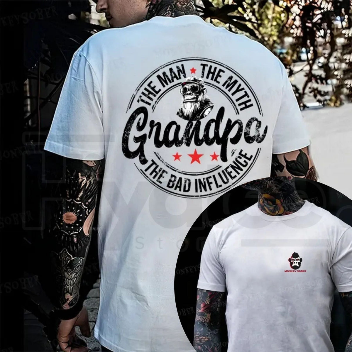 The Man The Myth Grandpa The Bad Influence T-Shirt – Funny Monkey Graphic Tee, Sarcastic Rock Style Shirt