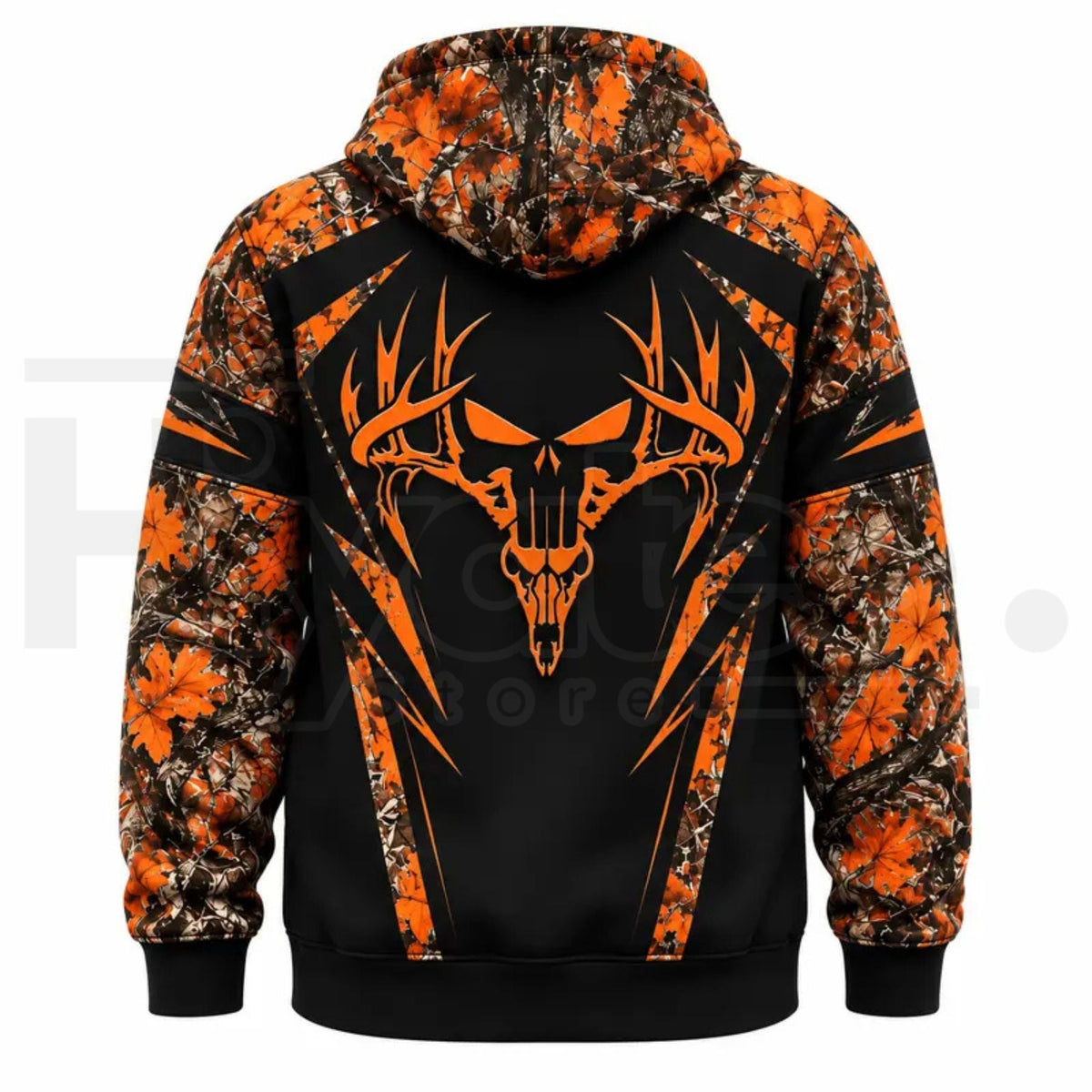 Men’s Camo Deer Skull Graphic Hoodie – Orange Black Color-Block Outdoor Hunting Pullover