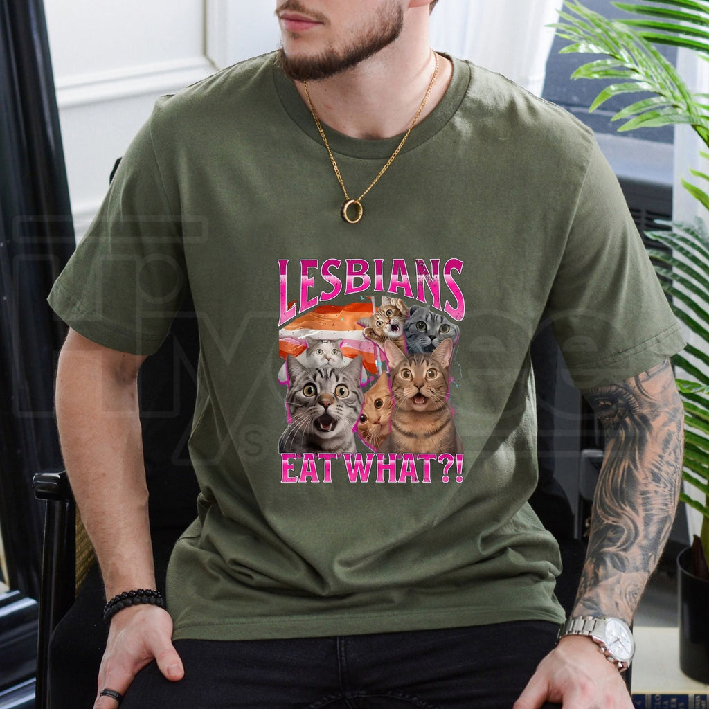 Lesbians Eat What T-Shirt – Funny Cat Gay Pride Pun Tee