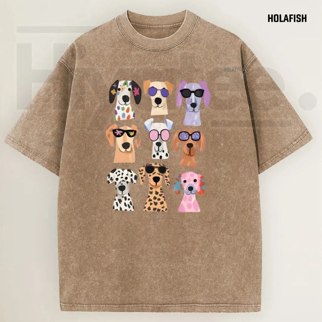 Holafish Women's Vintage Acid Wash Funny Dog Graphic Tee – Soft Breathable Cotton Casual Summer Top