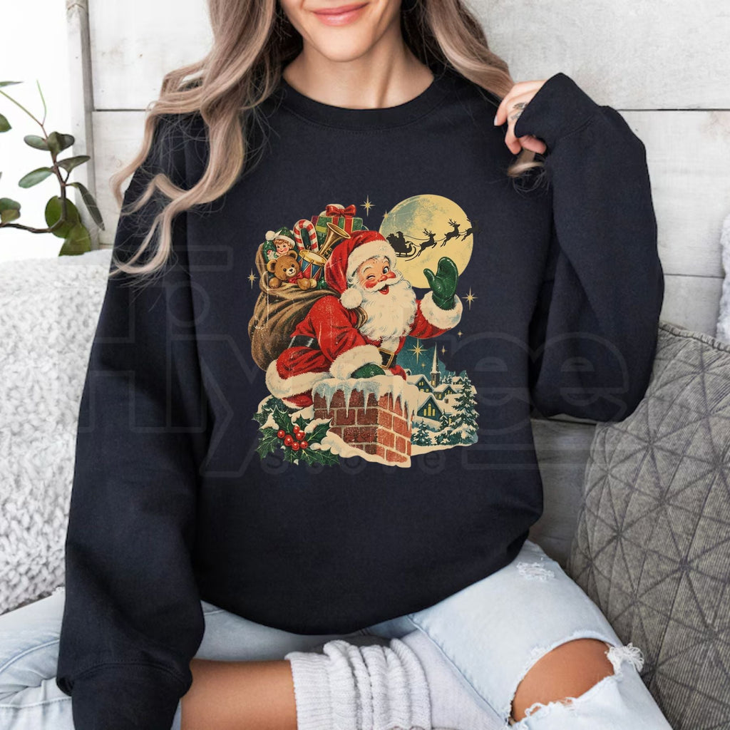 Vintage Santa Claus Chimney Sweatshirt, Retro Reindeer Holiday Graphic Pullover